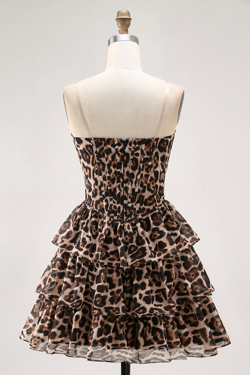 Load image into Gallery viewer, Brown Sweetheart Leopard Tiered Short Corset Prom Dress