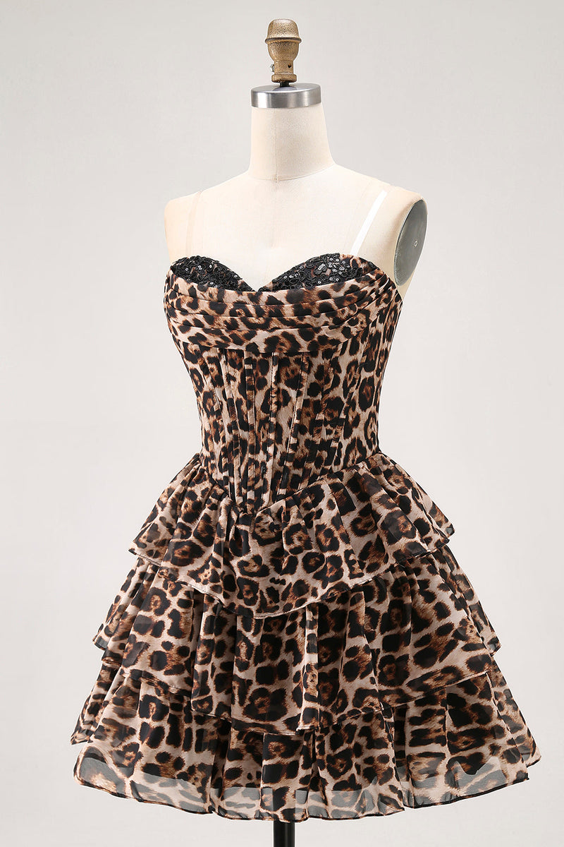 Load image into Gallery viewer, Brown Leopard Sweetheart Short Tiered Corset Prom Dress