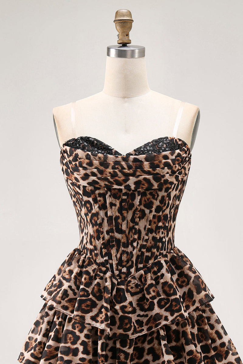 Load image into Gallery viewer, Brown Leopard Sweetheart Short Tiered Corset Prom Dress