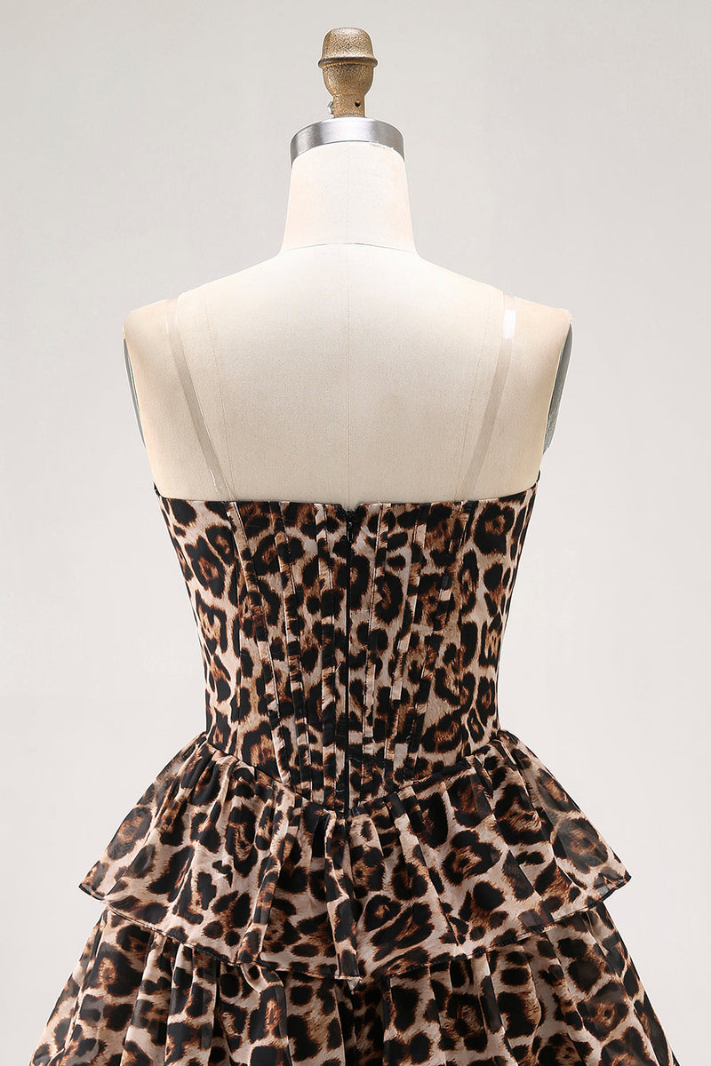 Load image into Gallery viewer, Brown Leopard Sweetheart Short Tiered Corset Prom Dress
