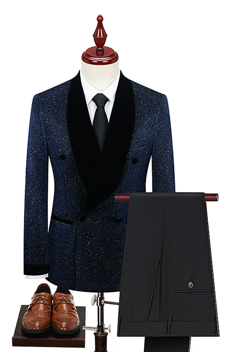 Load image into Gallery viewer, Sparkly 2 Piece Navy Shawl Lapel Prom Men's Suits