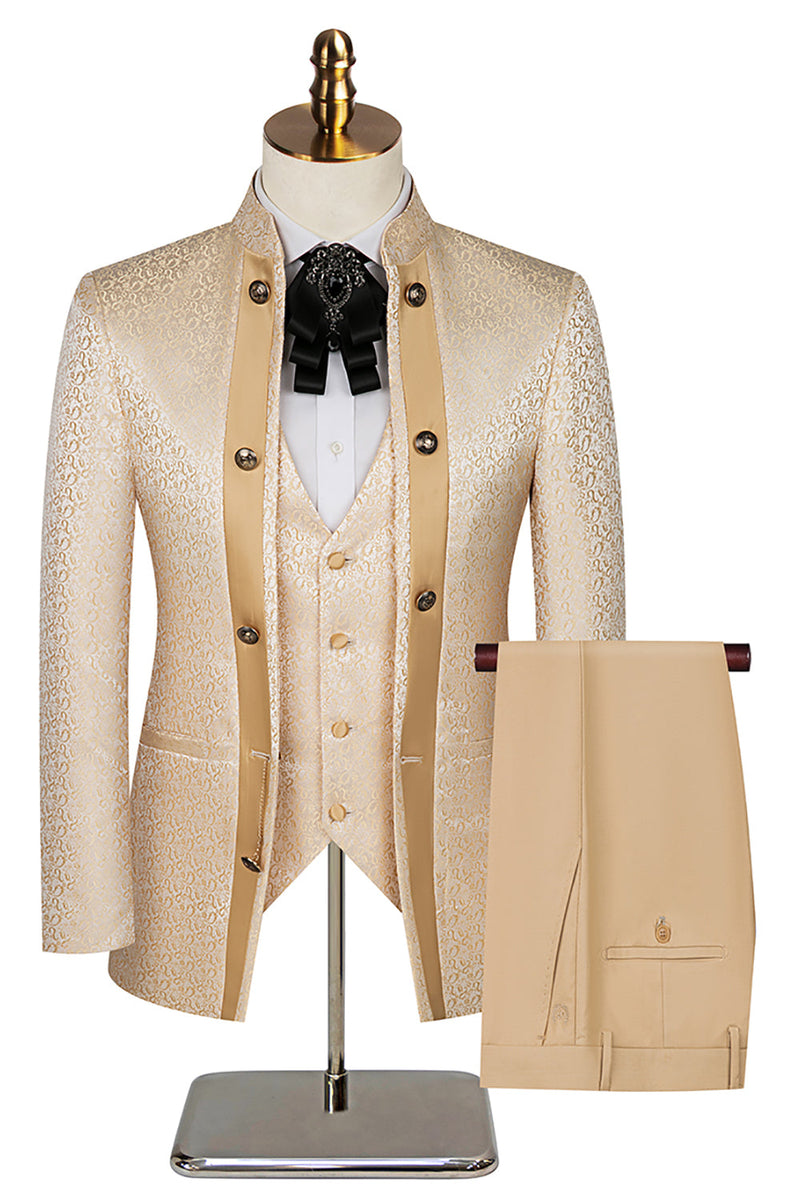 Load image into Gallery viewer, Men 3 Piece Khaki Jacquard Prom Suits Satin Double Breasted Party Suits