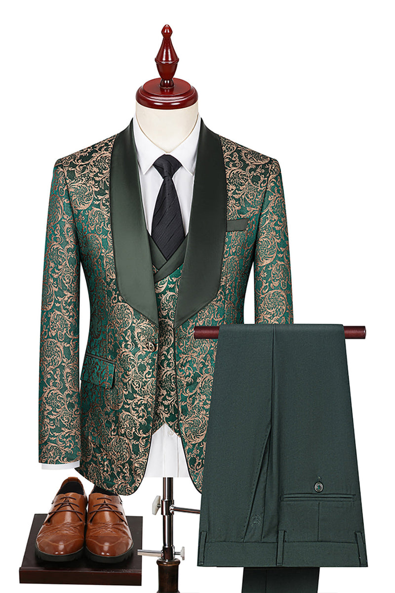 Load image into Gallery viewer, 3 Piece Dark Green Shawl Lapel Jacquard Prom Men's Suits