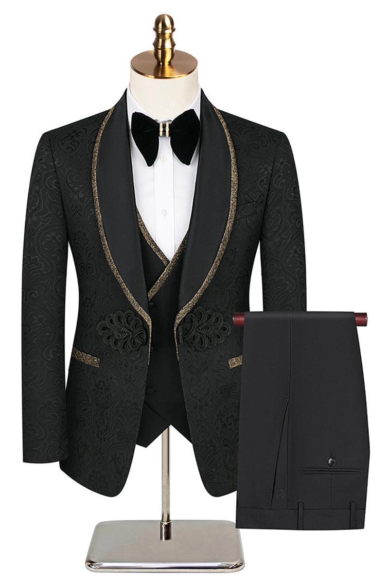 Load image into Gallery viewer, 3 Piece Black Shawl Lapel Jacquard Prom Men's Suits