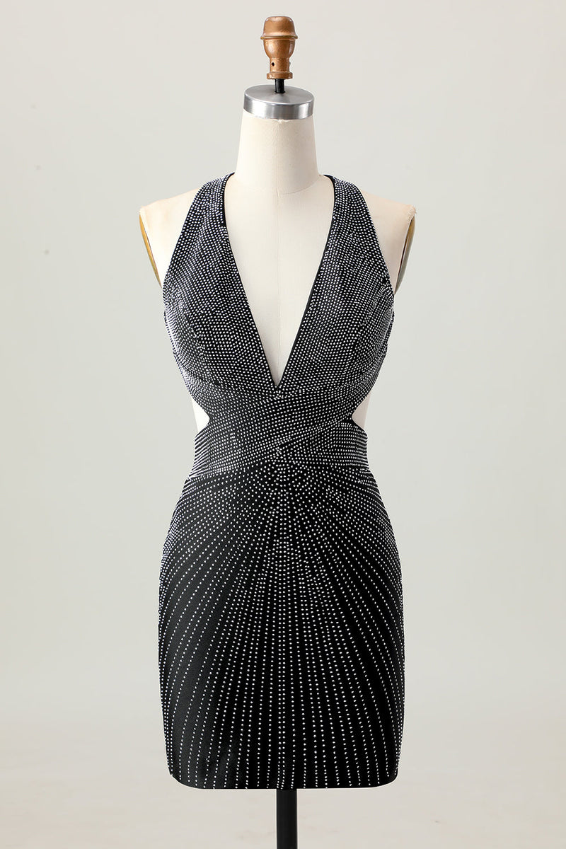 Load image into Gallery viewer, Sparkly Black Tight V-Neck Short Prom Dress with Beading