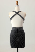 Load image into Gallery viewer, Sparkly Black Tight V-Neck Short Prom Dress with Beading