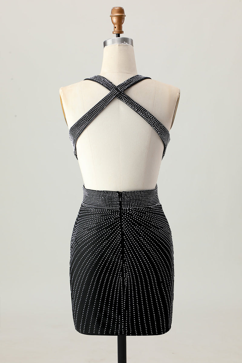 Load image into Gallery viewer, Sparkly Black Tight V-Neck Short Prom Dress with Beading