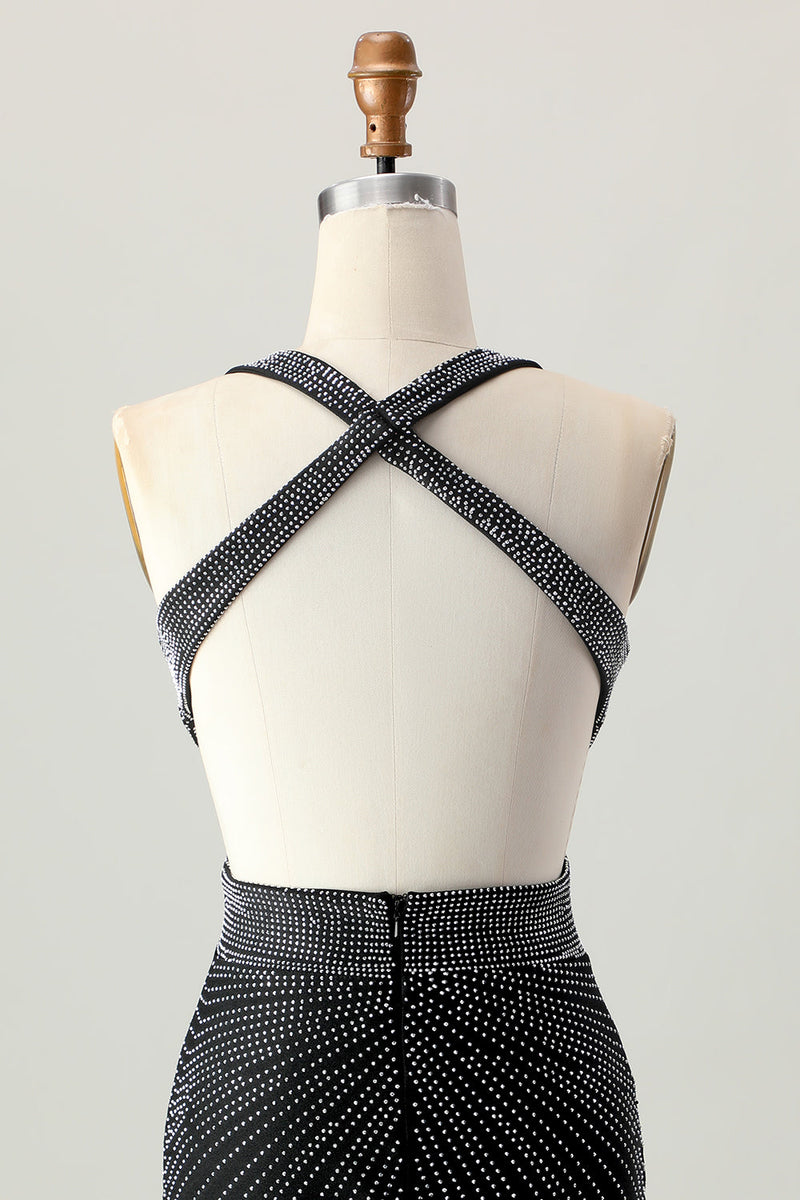 Load image into Gallery viewer, Sparkly Black Tight V-Neck Short Prom Dress with Beading