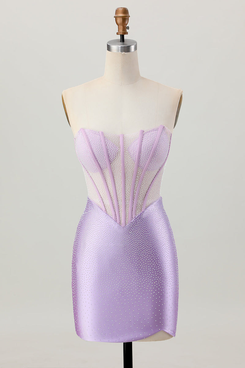 Load image into Gallery viewer, Sparkly Lilac Strapless Short Corset Prom Dress with Beading