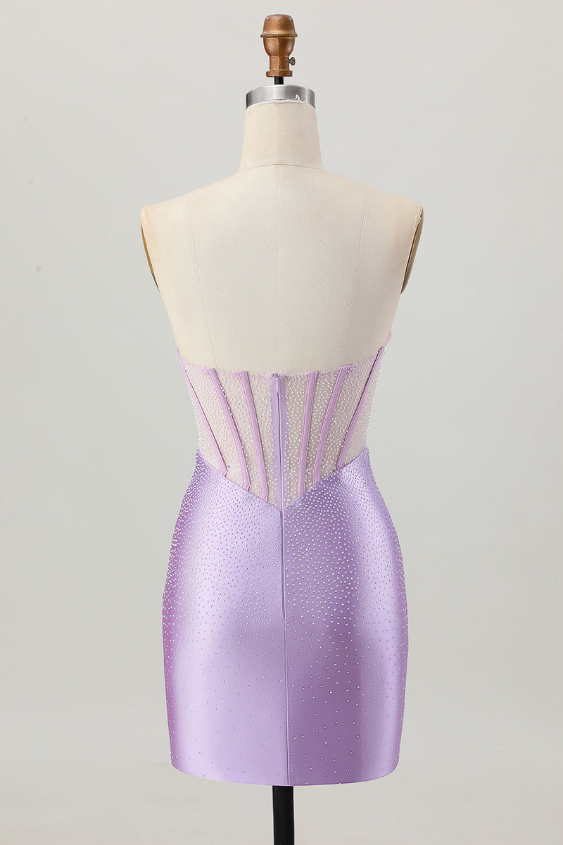 Load image into Gallery viewer, Sparkly Lilac Strapless Short Corset Prom Dress with Beading