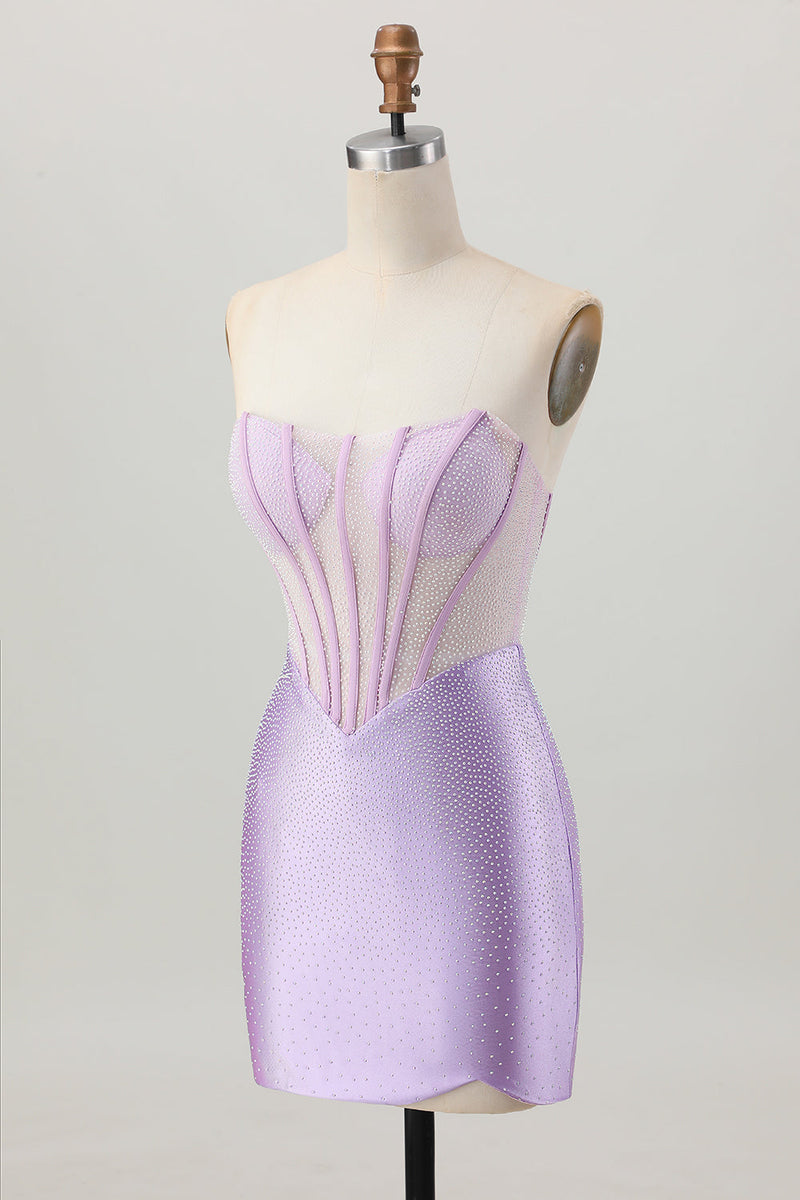 Load image into Gallery viewer, Sparkly Lilac Strapless Short Corset Prom Dress with Beading