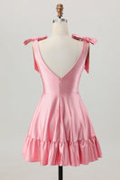 Load image into Gallery viewer, Sparkly Blush Pink Satin A Line Short Beaded Prom Dress with Bow
