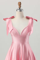 Load image into Gallery viewer, Sparkly Blush Pink Satin A Line Short Beaded Prom Dress with Bow