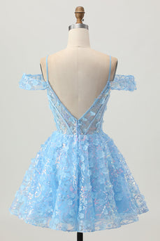 Sparkly Blue Floral Corset A Line Short Prom Dress with Sequins