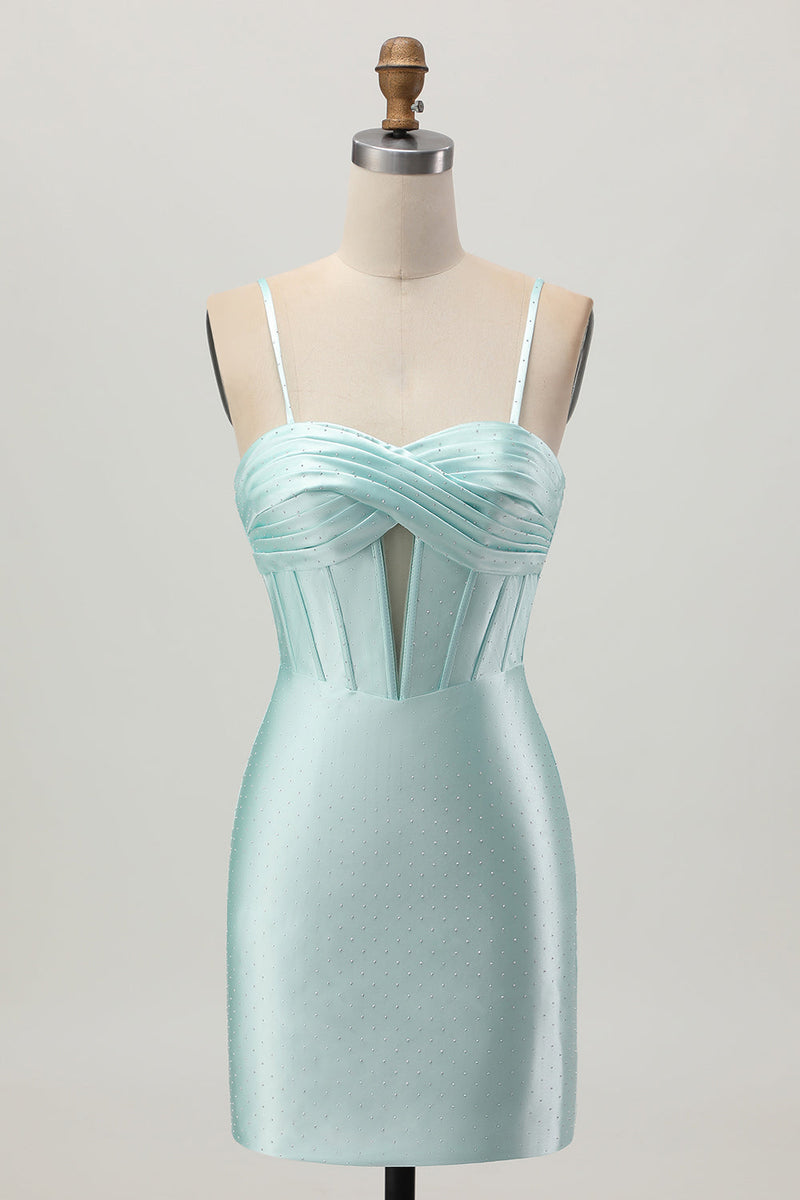 Load image into Gallery viewer, Sparkly Light Green Corset Satin Short Prom Dress with Beading