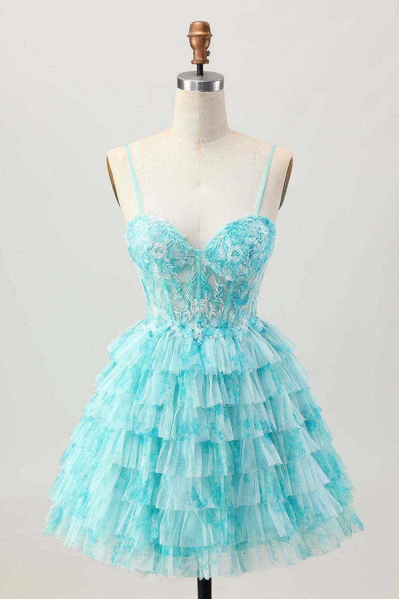 Load image into Gallery viewer, Blue Green Ruffled A Line Tiered Short Corset Prom Dress with Appliques