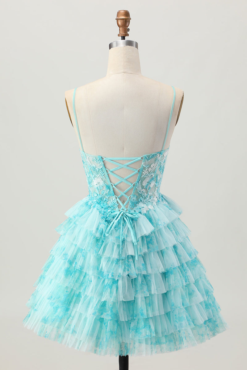 Load image into Gallery viewer, Blue Green Ruffled A Line Tiered Short Corset Prom Dress with Appliques