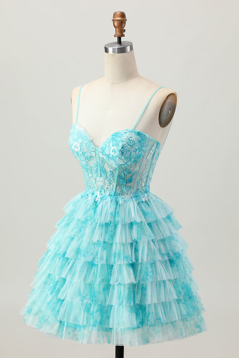 Load image into Gallery viewer, Blue Green Ruffled A Line Tiered Short Corset Prom Dress with Appliques