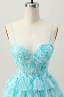Load image into Gallery viewer, Blue Green Ruffled A Line Tiered Short Corset Prom Dress with Appliques