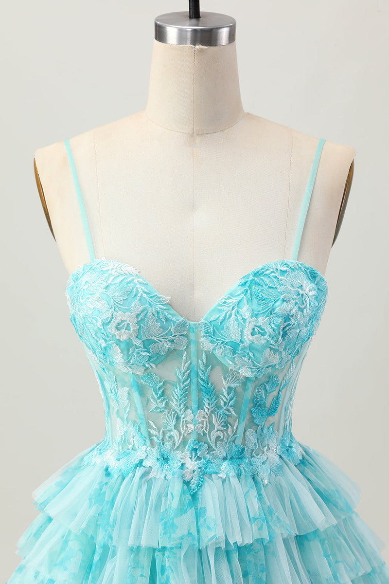 Load image into Gallery viewer, Blue Green Ruffled A Line Tiered Short Corset Prom Dress with Appliques