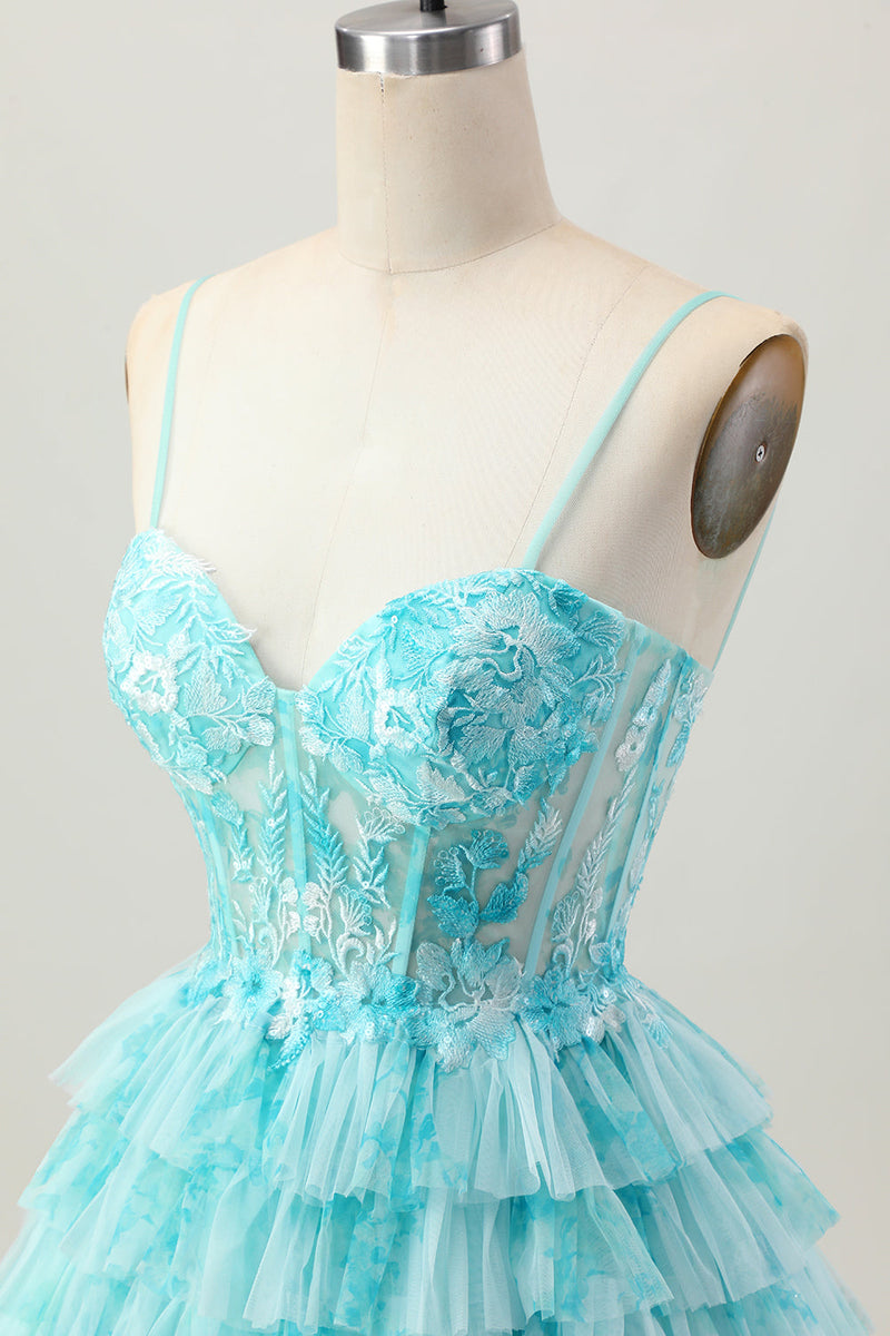 Load image into Gallery viewer, Blue Green Ruffled A Line Tiered Short Corset Prom Dress with Appliques