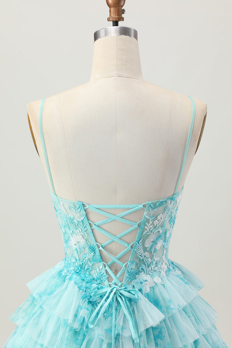 Load image into Gallery viewer, Blue Green Ruffled A Line Tiered Short Corset Prom Dress with Appliques