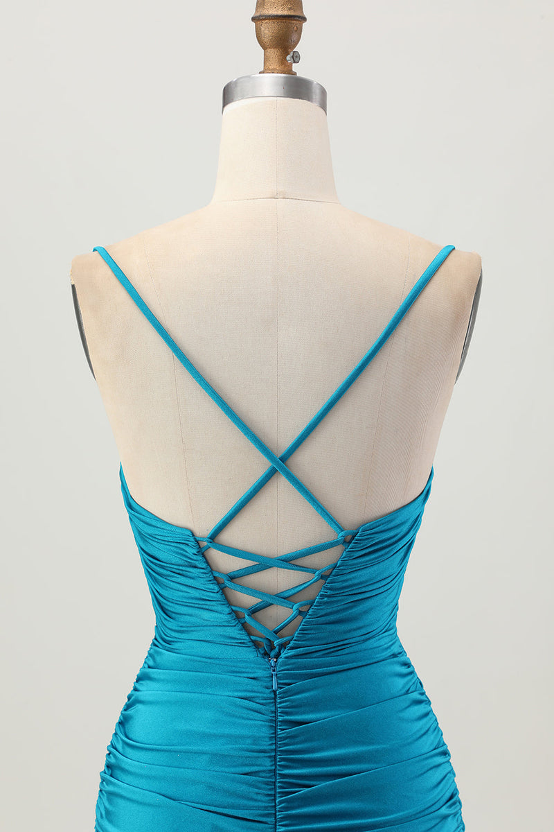 Load image into Gallery viewer, Sparkly Blue Tight Cut Out Short Prom Dress with Rhinestone