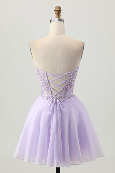 Sparkly Lilac Short Strapless Corset Homecoming Dress with Beading