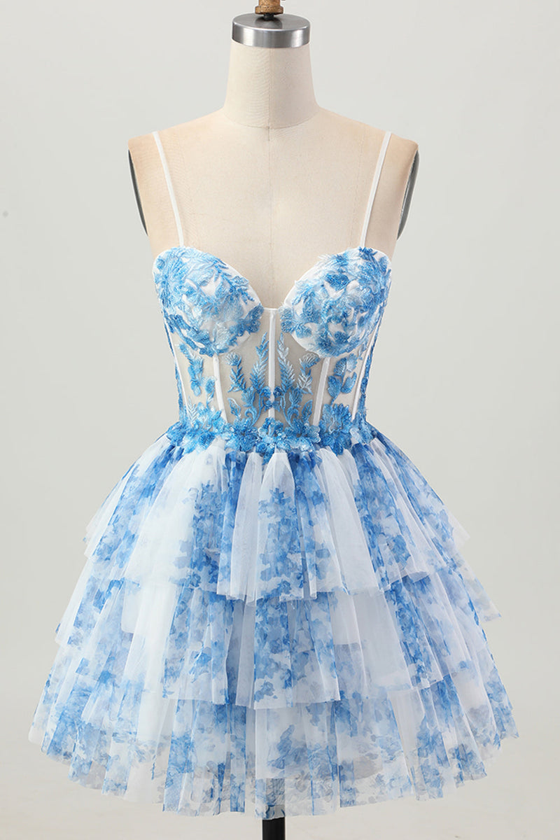 Load image into Gallery viewer, White Blue Floral A Line Tiered Short Corset Prom Dress