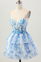 Load image into Gallery viewer, White Blue Floral A Line Tiered Short Corset Prom Dress