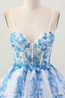 Load image into Gallery viewer, White Blue Floral A Line Tiered Short Corset Prom Dress