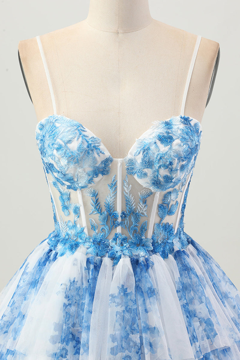 Load image into Gallery viewer, White Blue Floral A Line Tiered Short Corset Prom Dress