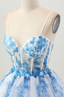 Load image into Gallery viewer, White Blue Floral A Line Tiered Short Corset Prom Dress