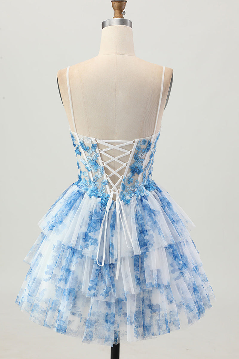 Load image into Gallery viewer, White Blue Floral A Line Tiered Short Corset Prom Dress