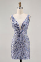 Load image into Gallery viewer, Sparkly Lilac Tight V-Neck Short Beaded Prom Dress