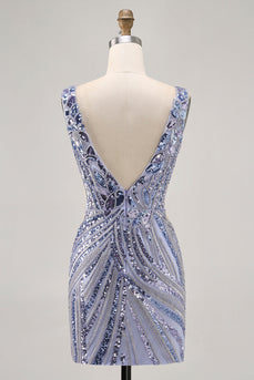 Sparkly Lilac Tight V-Neck Short Beaded Prom Dress