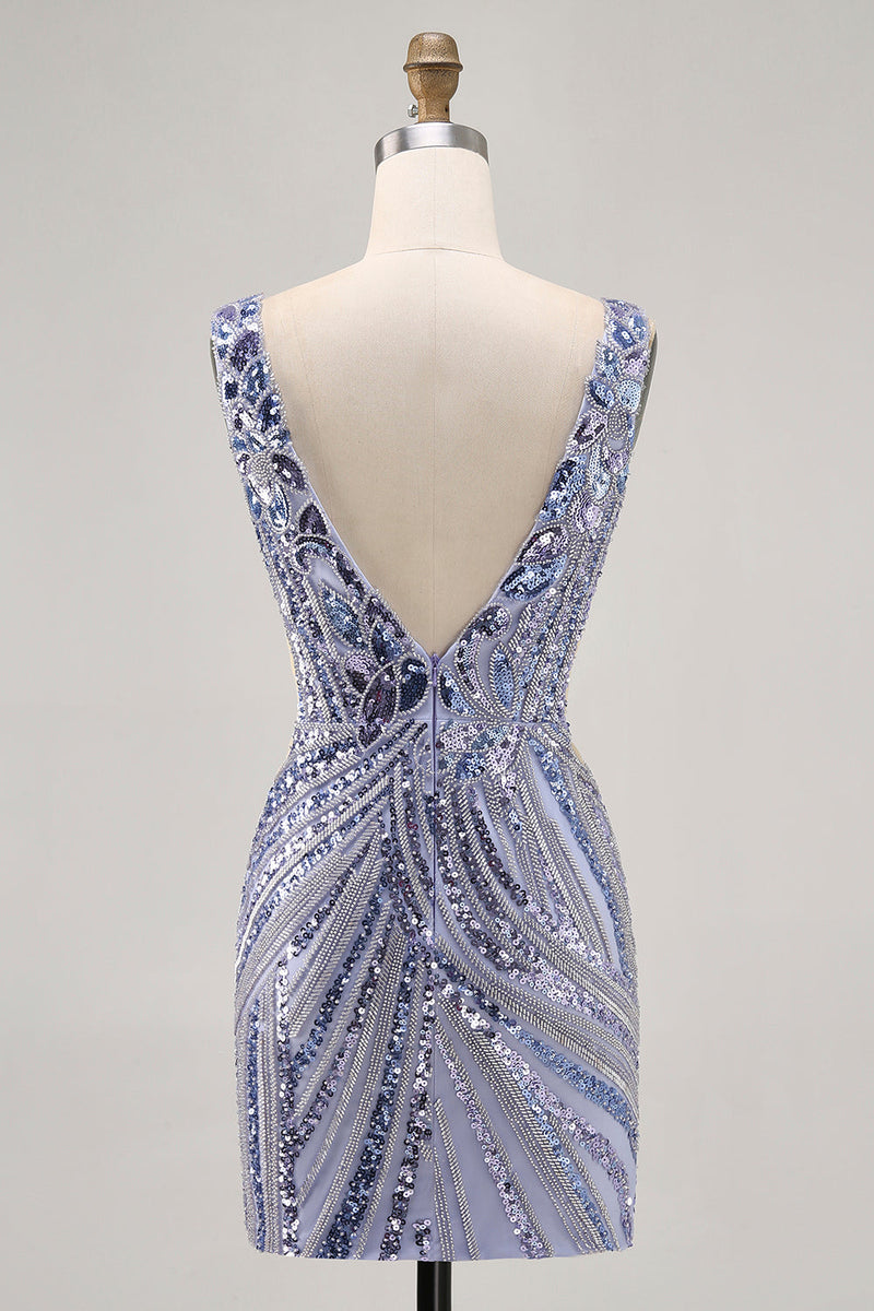 Load image into Gallery viewer, Sparkly Lilac Tight V-Neck Short Beaded Prom Dress