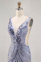 Load image into Gallery viewer, Sparkly Lilac Tight V-Neck Short Beaded Prom Dress