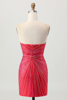 Sparkly Red Beaded Tight Short Prom Dress with Slit
