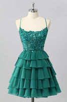 Load image into Gallery viewer, Sparkly Dark Green Tiered Short Corset Prom Dress with Beading