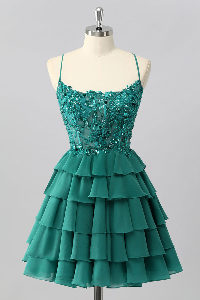 Load image into Gallery viewer, Sparkly Dark Green Tiered Short Corset Prom Dress with Beading