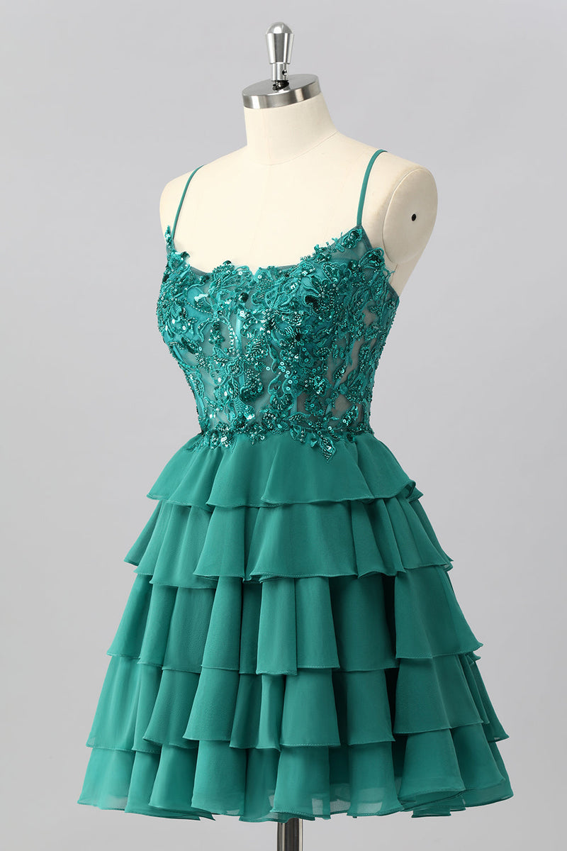 Load image into Gallery viewer, Sparkly Dark Green Tiered Short Corset Prom Dress with Beading