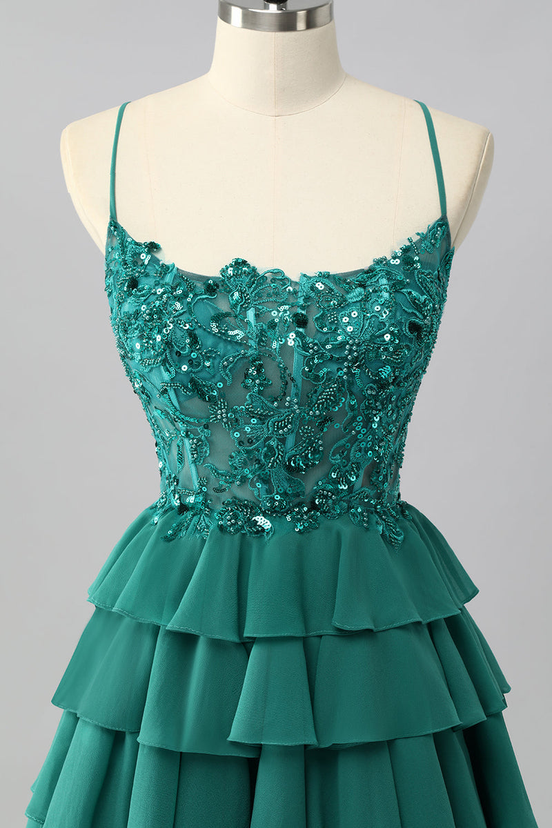 Load image into Gallery viewer, Sparkly Dark Green Tiered Short Corset Prom Dress with Beading