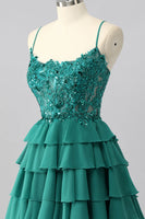 Load image into Gallery viewer, Sparkly Dark Green Tiered Short Corset Prom Dress with Beading