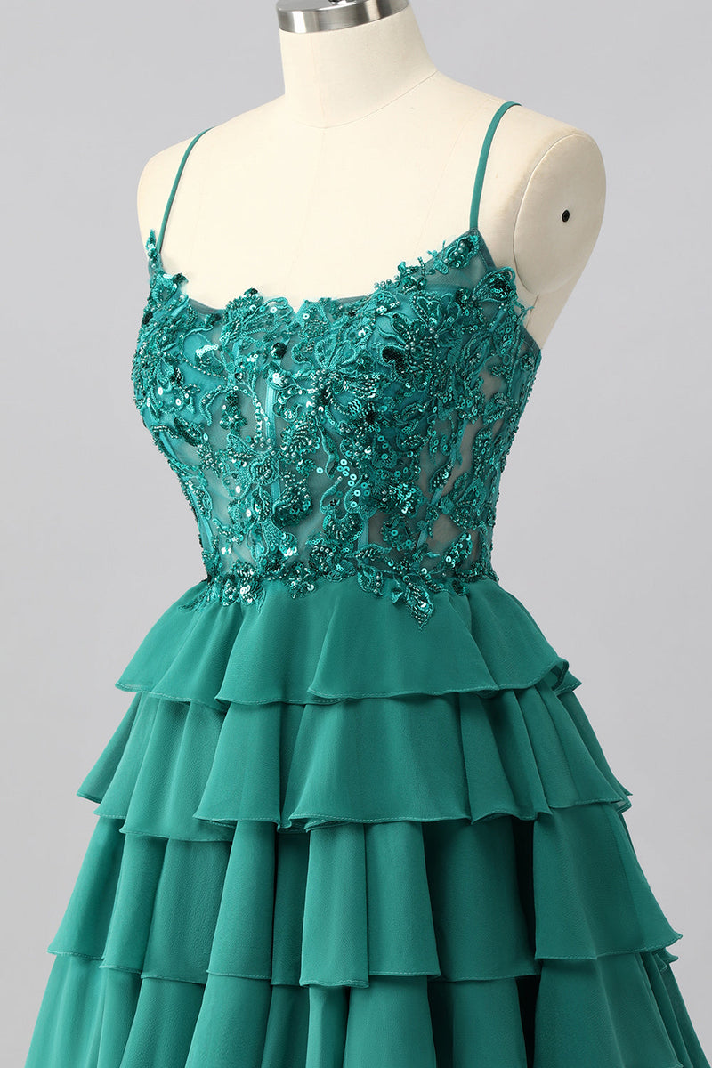 Load image into Gallery viewer, Sparkly Dark Green Tiered Short Corset Prom Dress with Beading