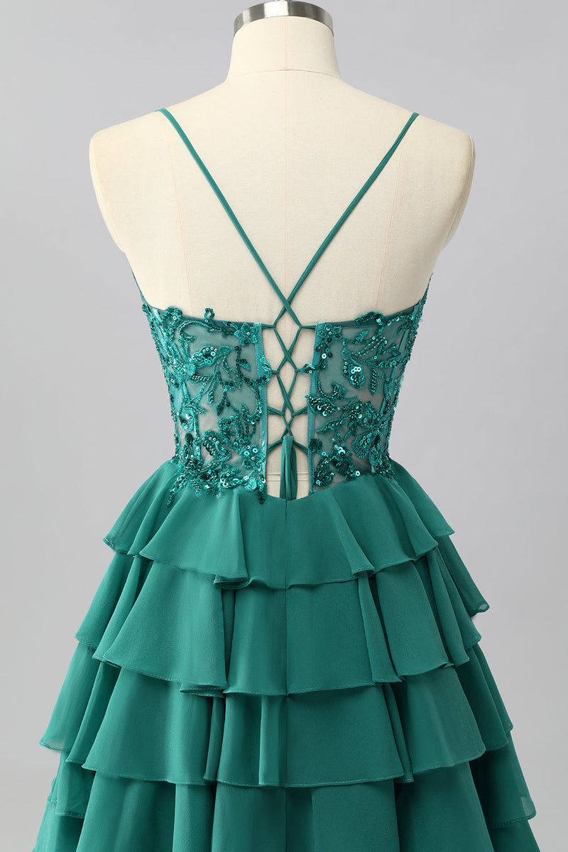 Load image into Gallery viewer, Sparkly Dark Green Tiered Short Corset Prom Dress with Beading