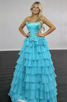 Load image into Gallery viewer, Blue Ruffled Strapless A-Line Long Corset Prom Dress with Bows