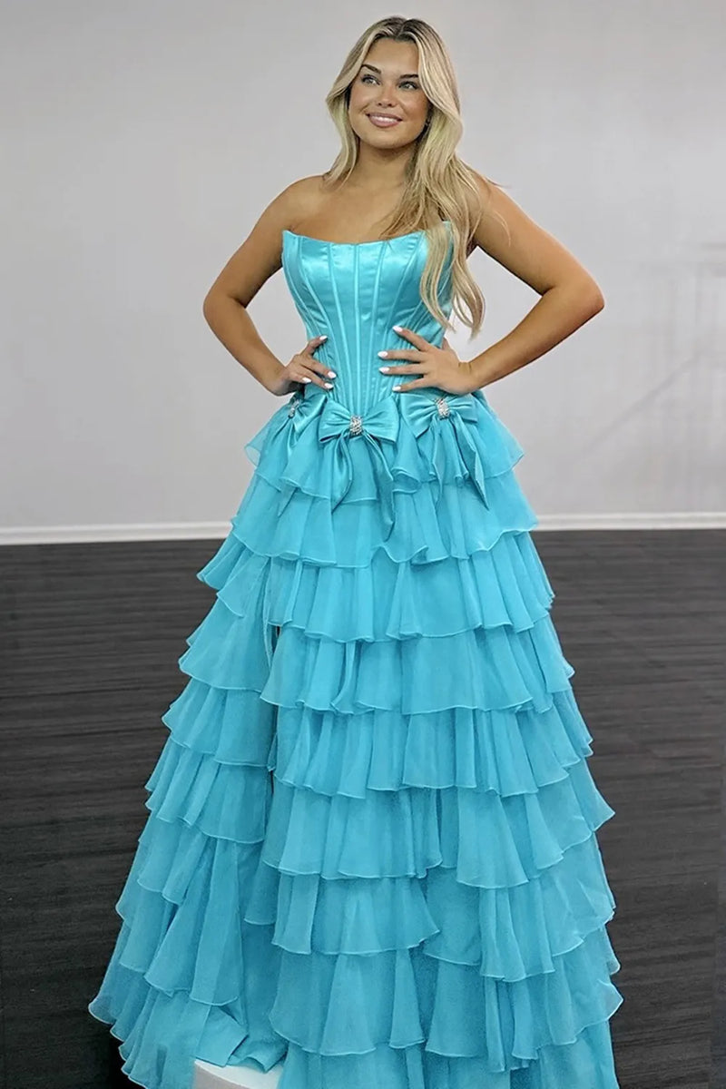 Load image into Gallery viewer, Blue Ruffled Strapless A-Line Long Corset Prom Dress with Bows