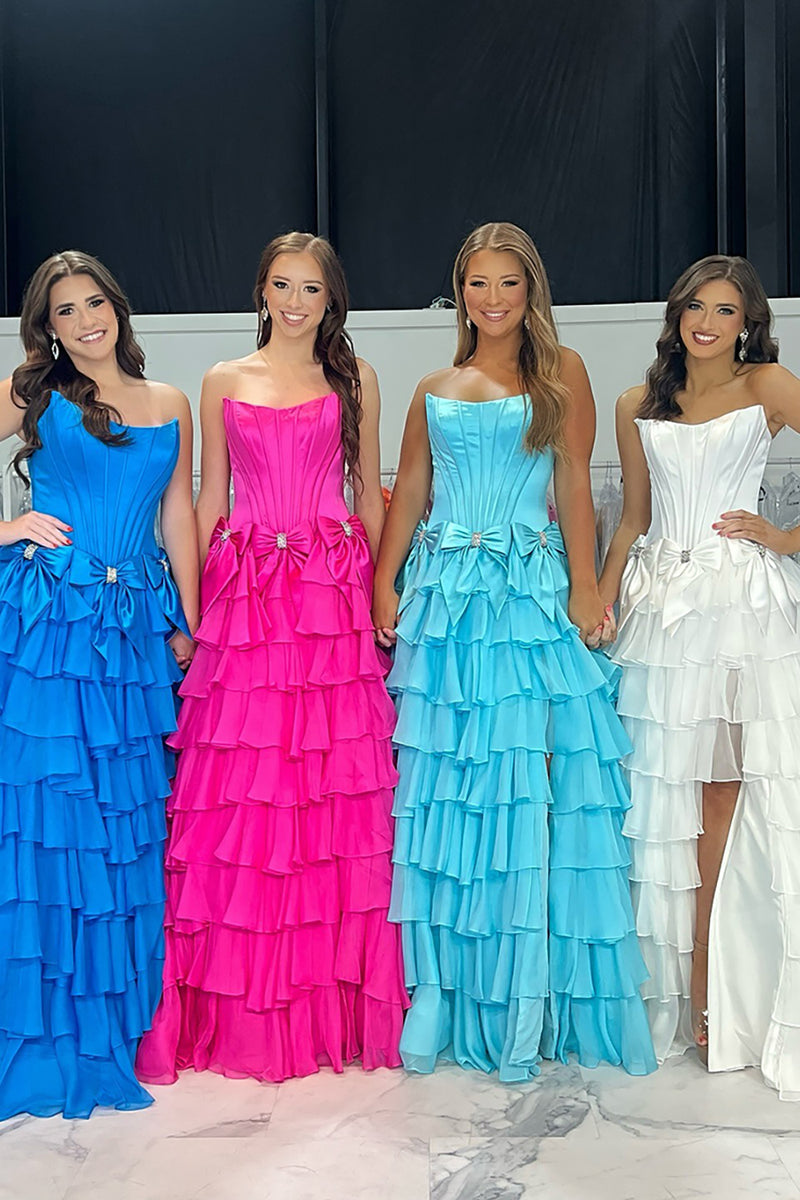 Load image into Gallery viewer, Blue Ruffled Strapless A-Line Long Corset Prom Dress with Bows