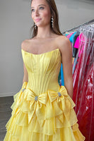 Load image into Gallery viewer, Blue Ruffled Strapless A-Line Long Corset Prom Dress with Bows